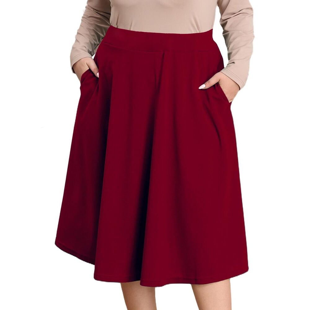 7006 Plus Size Red Midi Skirt Business Casual Work High Elastic Waist